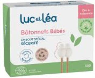 Luc et Léa Bâtonnets Bébés Bio 60 Cotons-Tiges - Boîte 60 bâtonnets