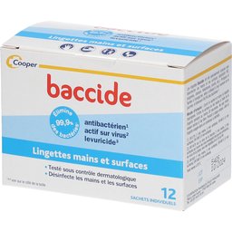 Baccide - Lingettes Mains et Surfaces - Antibactérien, actif sur virus - Testé sous contrôle dermatologique - Boite de 12 sachets individuels