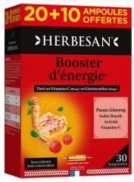 Panax Ginseng CA Meyer Gelée Royale Vitamine C Acérola 20 Ampoules + 10 Ampoules Offertes - Boîte 30 ampoules de 10 ml
