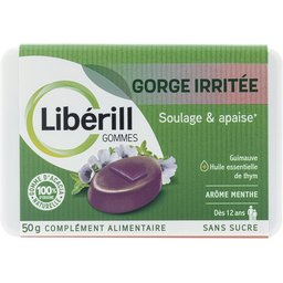 Liberill, gommes gorge irritée, boite de 50g, aux ingrédients d'origine naturelle. Dès 12 ans. Complément alimentaire. Sans sucre et avec édulcorants