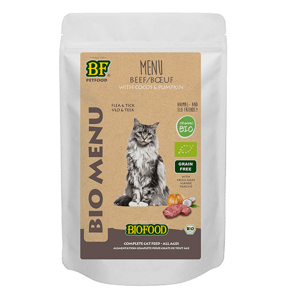 - Biofood Menu Bio à base de 78% de viande de boeuf BIO pour chat. Sachet de 100g