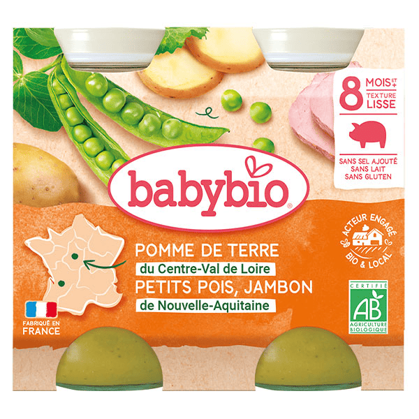 Repas Midi Pot Pomme de Terre Petits Pois Jambon +8m Bio 2 x 200g
