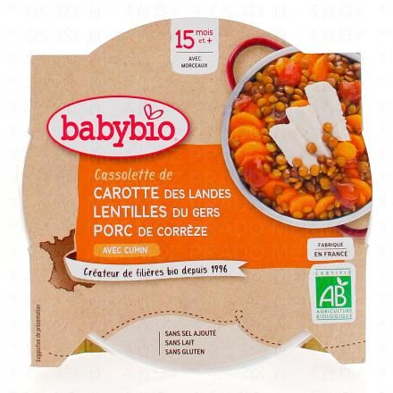 Repas du Midi - Plat carotte des Landes, lentilles du Gers, porc de Corrèze avec Cumin