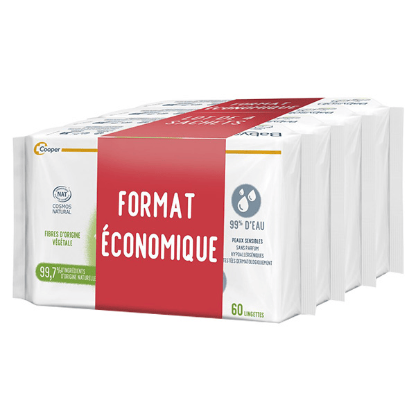 Lingettes à l'Eau Corps Visage Siège Sans Parfum Lot de 4 x 60 lingettes