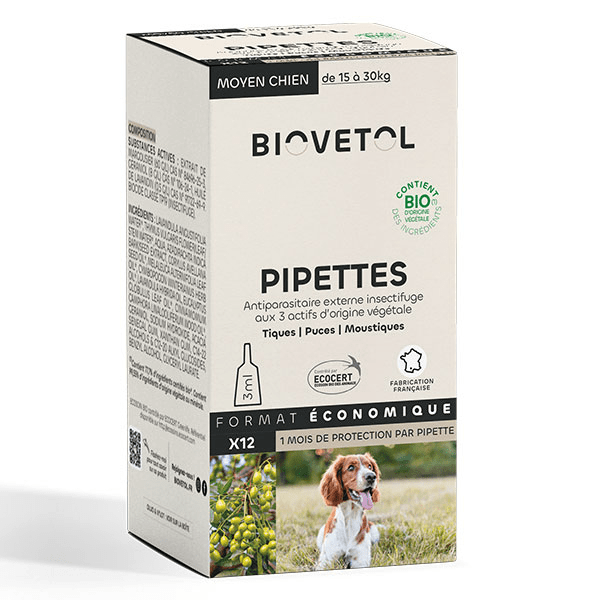 Pipettes Anti puce Anti tique Moyen Chien Bio 15-30kg x12