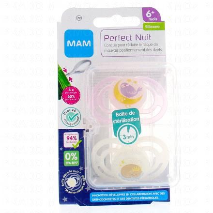 Sucettes +6 mois perfect nuit silicone blanc / rose clair