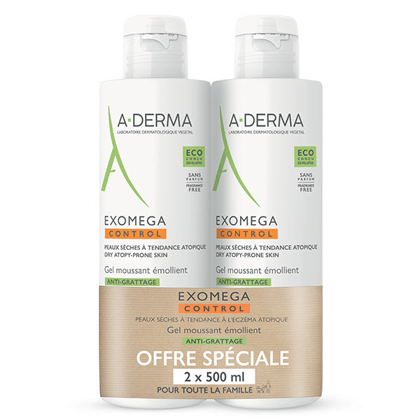 Exomega Control Gel Moussant Émollient Anti-Grattage Lot de 2 x 500ml