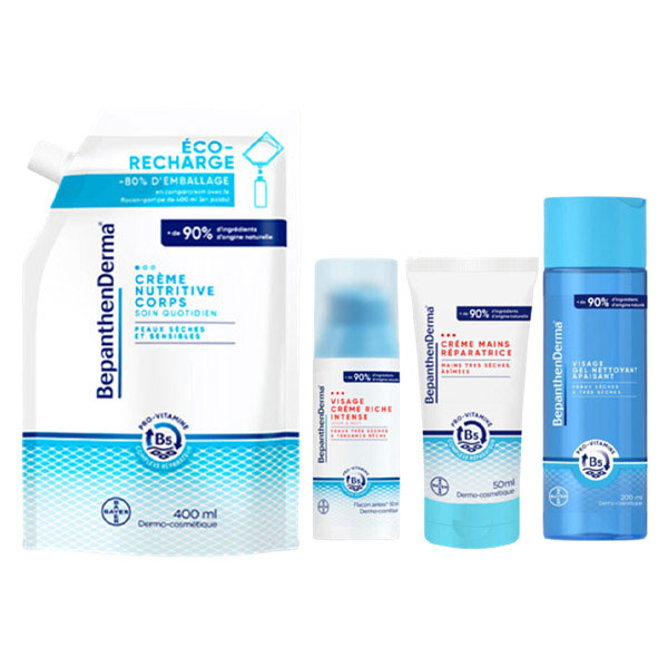 Lot BepanthenDerma Gel Nettoyant Apaisant Visage Flacon 200ml + Crème Nutritive Corps 400 ml éco-recharge + Crème Riche Intense Visage Tube 50mL + Crème Mains Réparatrice Tube 50mL