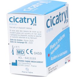 Cicatryl DM crème 10x2g, plaies et écorchures superficielles, accélère la cicatrisation, sans paraben. Dès 2 ans. Dispositif médical.