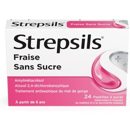 Strepsils Fraise Sans Sucre - Traitement Antiseptique du Mal de Gorge - À partir de 6 ans