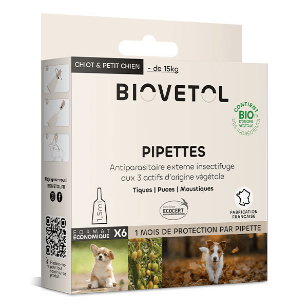 Pipettes Anti puce Anti tique Chiot/ Petit Chien Bio -15kg x6