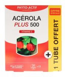 Acerola Plus 500 Vitamine C 24 Comprimés + 1 Tube Offert - Boîte 3 tubes de 12 Comprimés