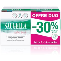 - Cotton Touch - Serviettes hygiéniques de Jour extra-fines avec ailettes - 100% coton hydrophile - Hypoallergénique - Extraits de Thym et de Calendula - Jour - Pack de 14 X2