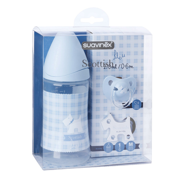 Coffret Biberon Silicone 0-6m + Sucette + Attache Sucette Scottish Bleu