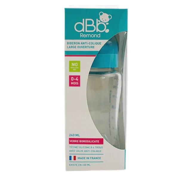 Biberon Large Ouverture en verre Tétine de 0 à 4 mois Coloris Turquoise 240 ml