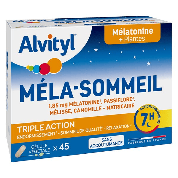 Méla-Sommeil Mélatonine + 3 plantes + vitamine B6 dès 18 ans 45 gélules