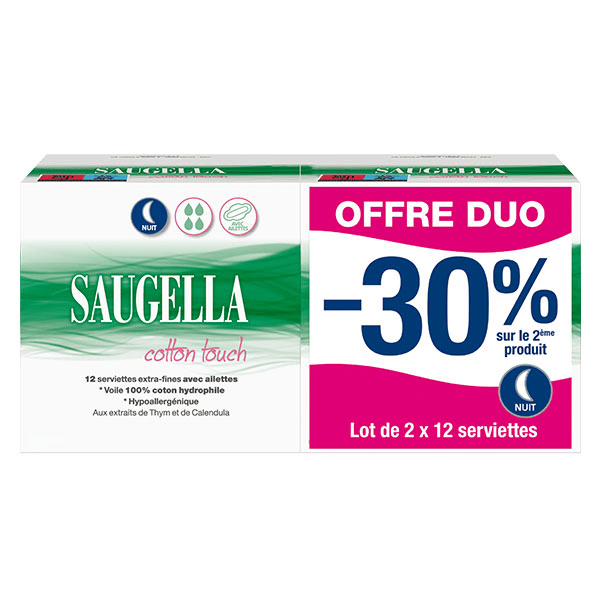 Cotton Touch Serviettes Hygiéniques Nuit avec Ailettes - 2 Packs de 12