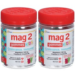MAG 2 - Gommes kids - Croissance et Immunité - Sans sucres ajoutés - Complément alimentaire à base de magnésium, vitamine B6 et vitamine D - 30 gommes