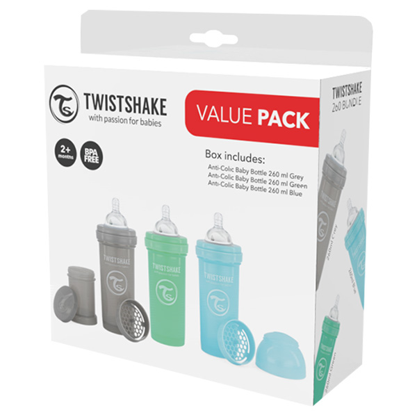 Biberon Pack ECO Anti-colique Bleu/ Vert/ Gris +2m 260ml Lot de 3