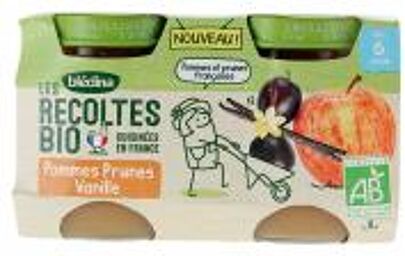 Blédina Les Récoltes Bio Pommes Prunes Vanille Dès 6 Mois Bio 2 POTS - Carton 2 pots de 130 g
