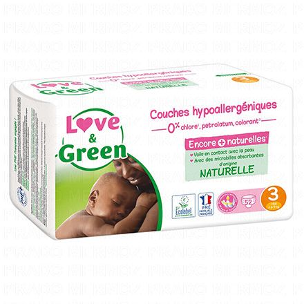 LOVE&GREEN Couches hypoallergéniques taille 3 - 4à9kg x44 couches
