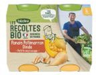 Les Récoltes Bio Panais Potimarron Dinde dès 8 Mois 2 x 200 g - Carton 2 pots de 200 g