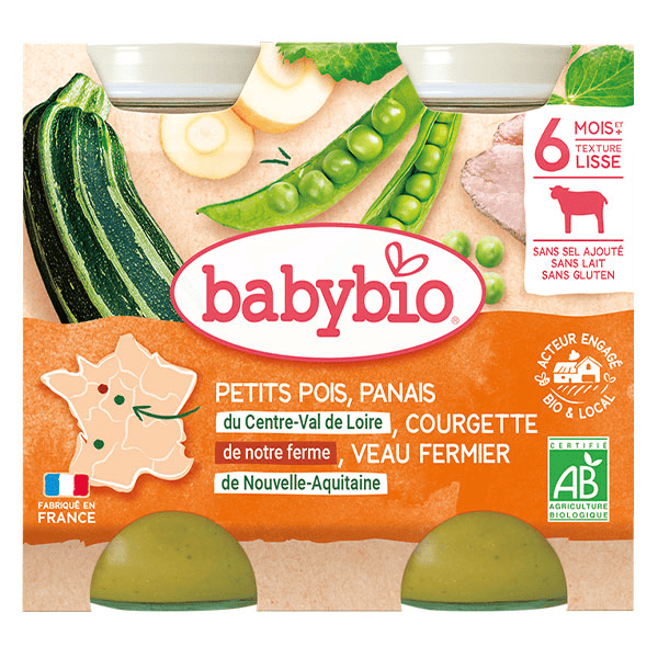 Repas Midi Pot Petits Pois Panais Courgette Veau +6m Bio 2 x 200g
