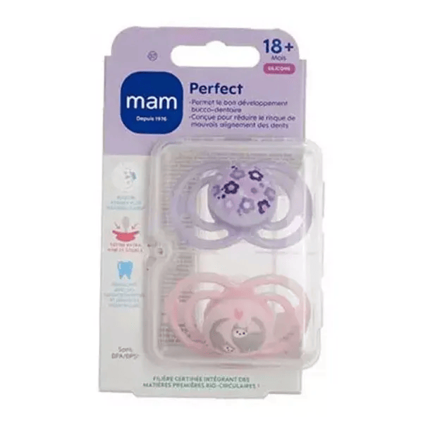 Sucette Perfect Animaux 18+ mois Silicone Motif Fleurs Chats X2