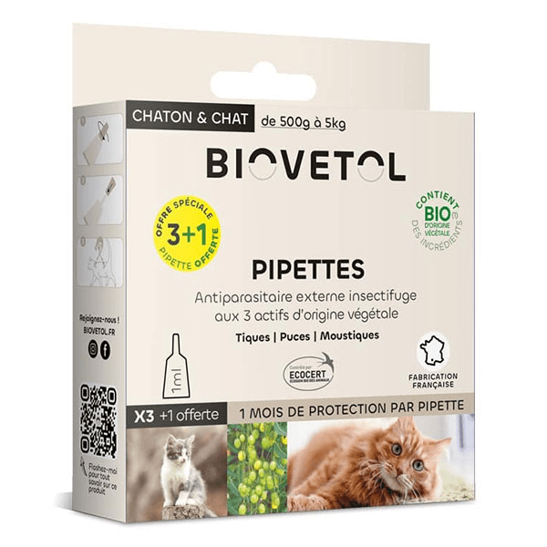 Pipettes Anti puce Anti tique Chat/Chaton Bio 1ml (x3+1 Offerte)