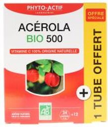 Acerola Plus 500 Vitamine C Bio 24 Comprimés + 1 Tube Offert - Boîte 3 tubes de 12 Comprimés