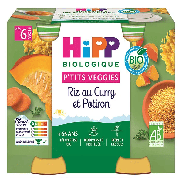 Bio P'tits Veggies Pot Riz au Curry et Potiron +6m 2 x 190g