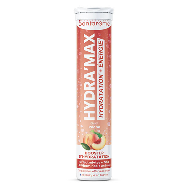 Santarome - Hydra'max - Solution d'hydration - Thé Pêche - 20 comprimés