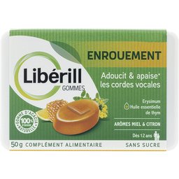 Liberill, gommes enrouement, boite de 50g, aux ingrédients d'origine naturelle. Dès 12 ans. Complément alimentaire. Sans sucre et avec édulcorants