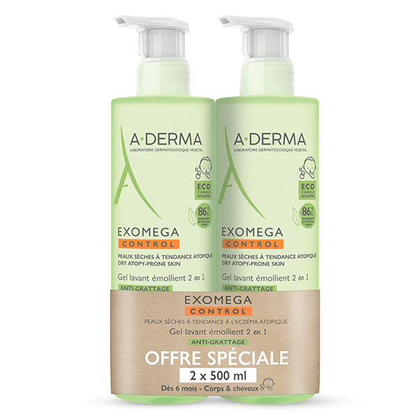 Exomega Control Gel Lavant Émollient Anti-Grattage 2 en 1 Lot de 2 x 500ml