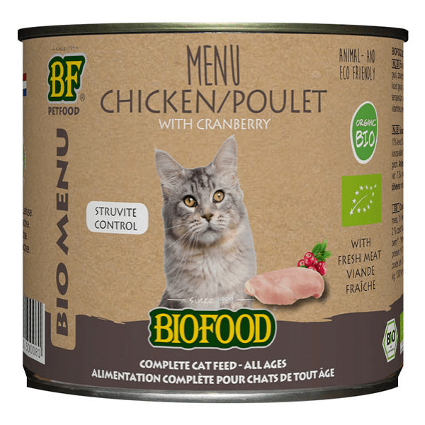 - Biofood Menu Bio à base de 79% de viande de poulet BIO pour chat. Boîte de 200g.