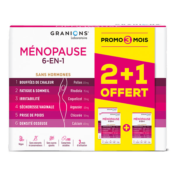 Granions - Ménopause 6-en-1 - Ménopause et Pré-Ménopause - 180 comprimés 3 mois