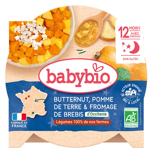 Repas Soir Assiette Butternut Pomme de Terre Fromage de Brebis +12m Bio 230g