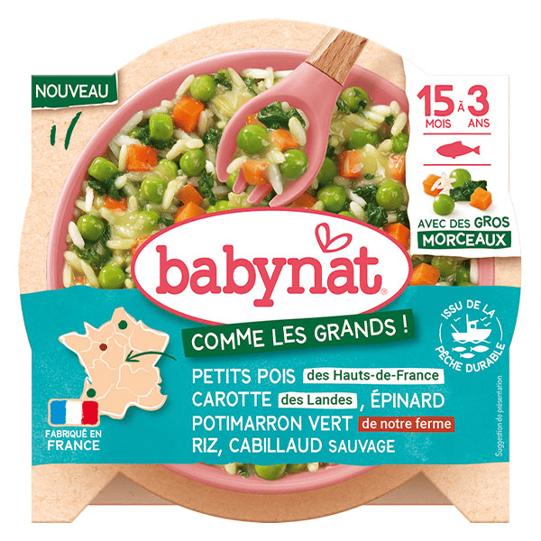 Babynat Petits pois Carotte Epinard Potimarron vert Riz Cabillaud - 200g
