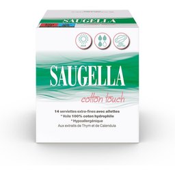 - Cotton Touch - Serviettes hygiéniques de Jour extra-fines avec ailettes - 100% coton hydrophile - Hypoallergénique - Extraits de Thym et de Calendula - Jour - Pack de 14