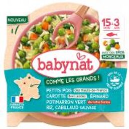 Babynat Petits Pois Épinard Carotte Potimarron Vert Riz & Cabillaud Sauvage de 15 Mois à 3 Ans 200 g - Carton 1 assiette de 200 g