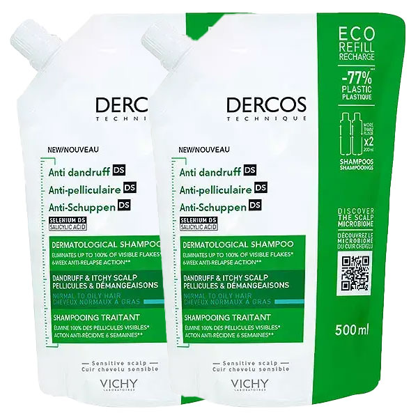 Dercos Shampooing Antipelliculaire DS Cheveux Gras 2x Écorecharge 500ml
