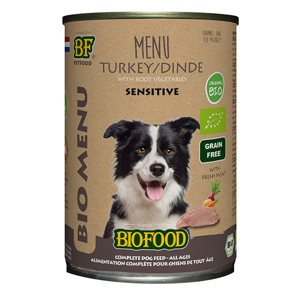 Menu Bio à base de 50% de viande de dinde BIO pour chien. Boîte de 400g.