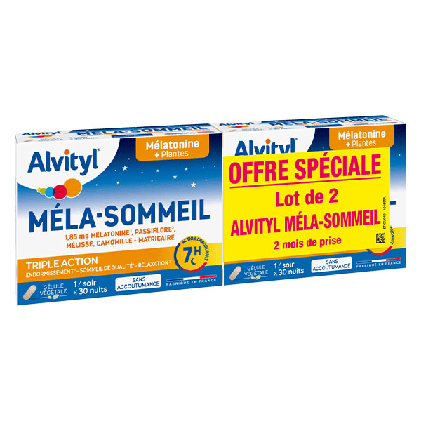 Méla-Sommeil Mélatonine +3 plantes +vitamine B6 2x30 gélules