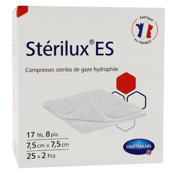 Sterilux-ES Compresse de Gaze Hydrophile Stérile 8 Plis 17 Fils 7,5 x 7,5cm 25 unités