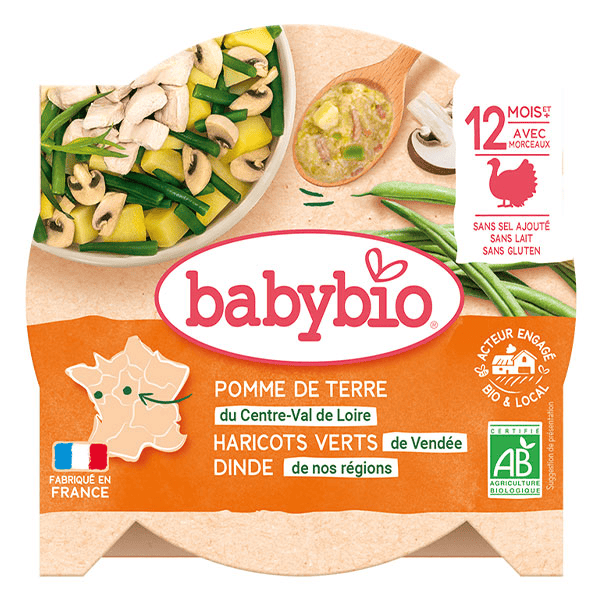 Repas Midi Assiette Pomme de Terre Haricots Verts Dinde +12m Bio 230g