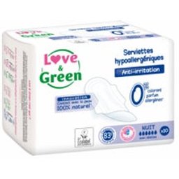 Love & Green Serviettes Nuit Hypoallergéniques 0% x10