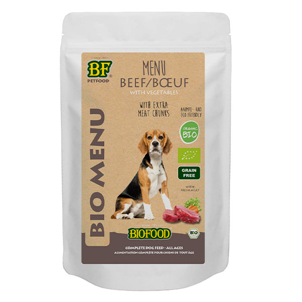Menu Bio à base de 50% de viande de boeuf BIO pour chien. Sachet de 150g