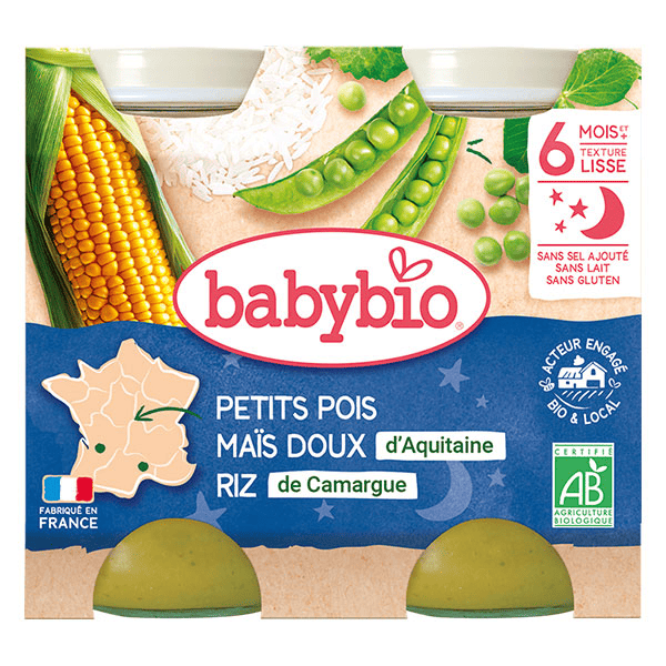 Repas Soir Pot Petits Pois Maïs Riz +6m Bio 2 x 200g