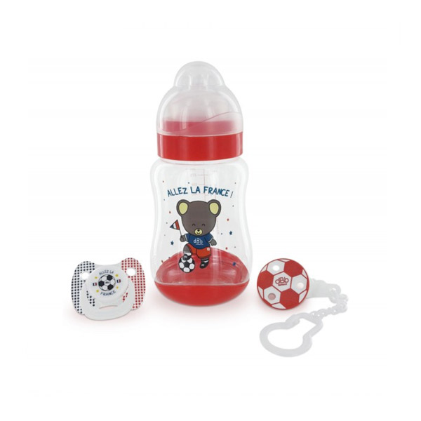 Coffret Biberon Large Ouverture Tétine Silicone 300ml + Sucette Silicone + Attache +3m Foot Rouge