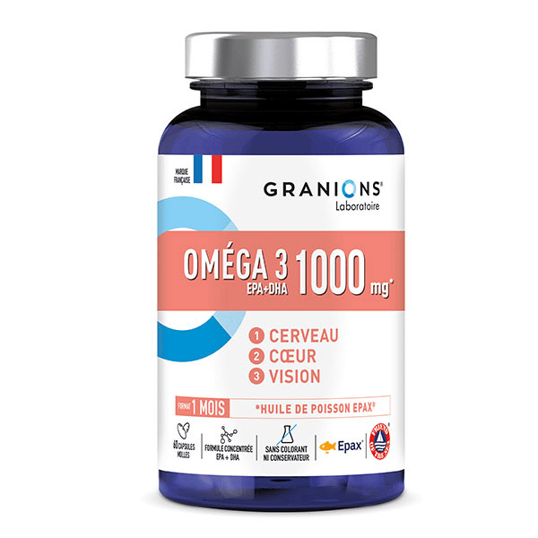 GRANIONS Oméga 3 1000mg - Haute concentration EPA DHA et Vitamine E 60 capsules